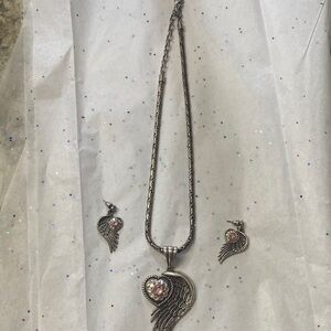 Silver Wing Pendant Necklace and Earring Set